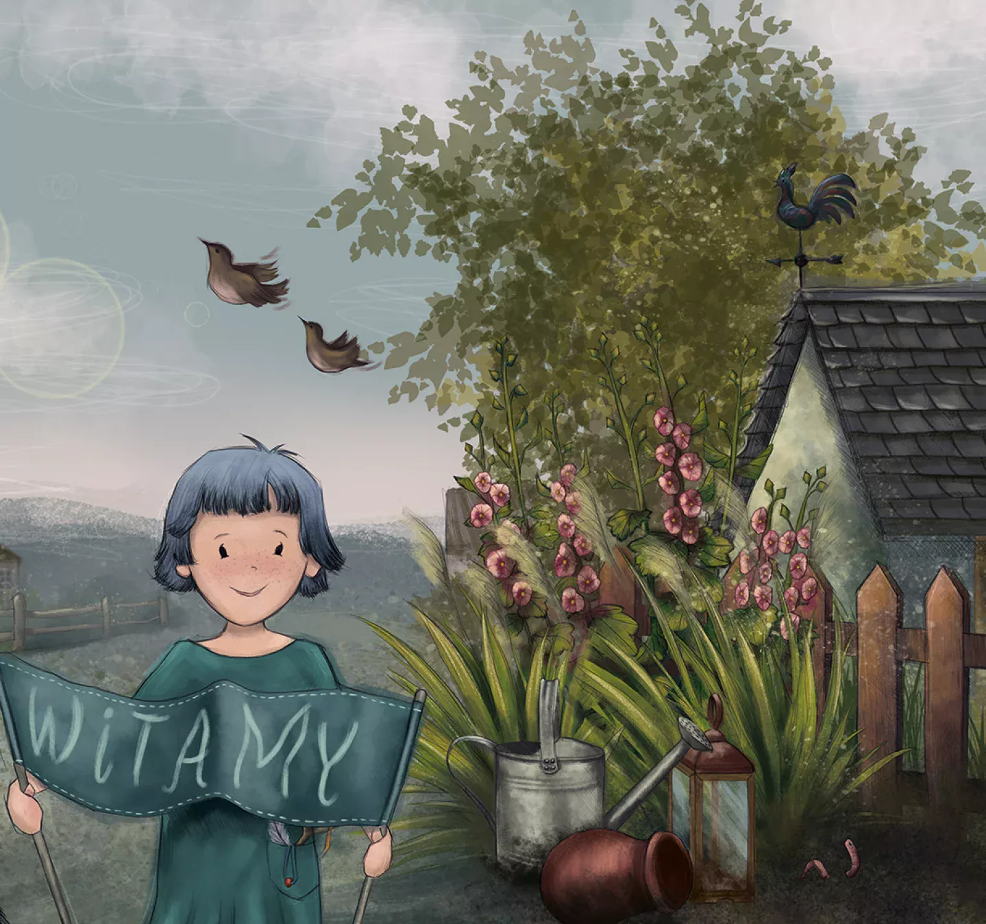 Ilustracja dziecka z transparentem Witamy