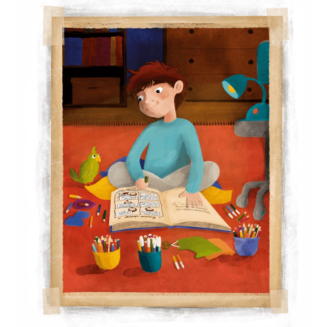 Ilustracja zksiążki "Zacharek i Księga Szczęścia - klucze odwagi" Katarzyny Ogonowskiej.